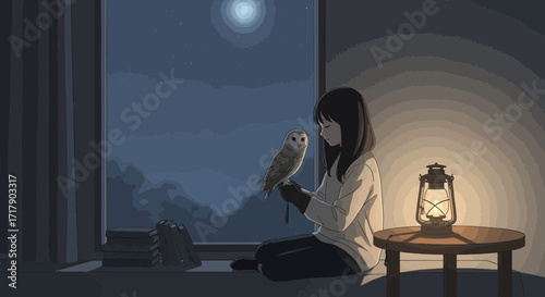 Serene Evening: Young Woman With Owl Gazing At Glowing Night Sky, Illuminated by Lantern Light