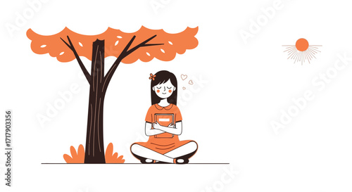 Serene Girl Meditating Under Autumn Tree With A Book In Golden Light Sunshine