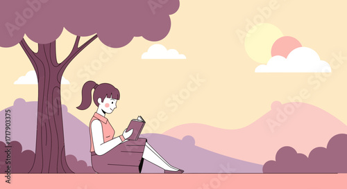 Serene Illustration Of A Woman Reading Under A Shady Tree In A Pastel Landscape