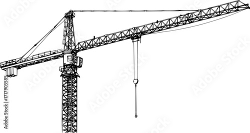 Black and white line drawing of a tower crane, detailed construction sketch. Vector illustration