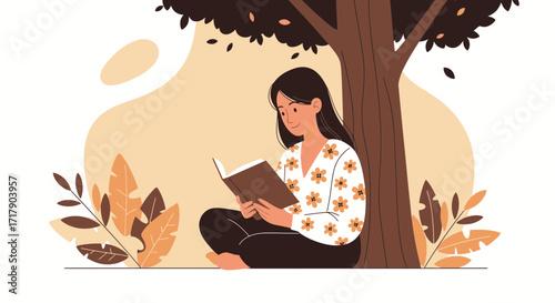 Serene Reading: A Tranquil Scene Underneath A Shady Tree With Floral Shirt