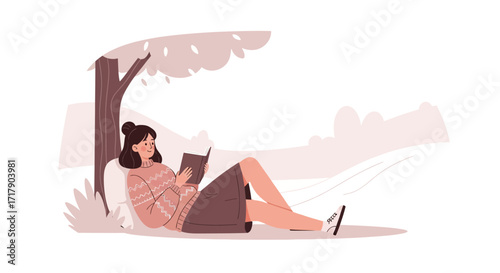 Serene Reading Moment: Woman Enjoying Literature Beneath a Shaded Tree