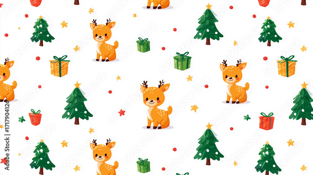 Fototapeta premium Seamless cartoon reindeer with Christmas trees and gifts on white background