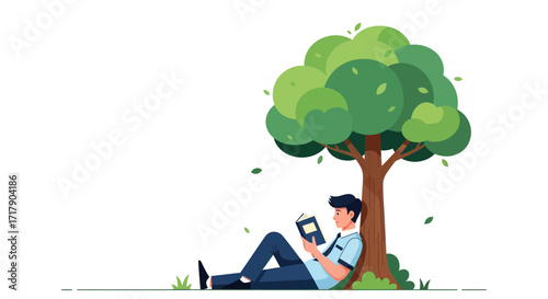 Serene Scene: Man Reading Under a Tree during a Quiet, Peaceful Afternoon