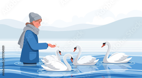 Serene Scene Depicting a Feeding Swans, Calm Lake, and a Person in Winter Outfit