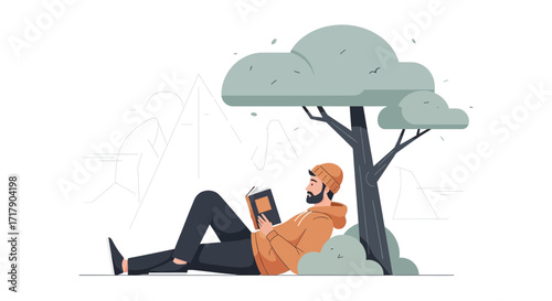Serene Scene Of A Man Reading A Book Under A Tree In Peace And Quiet