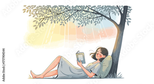Serene Sunlight Reading Scene Underneath the Shade Of a Beautiful Tree Depiction