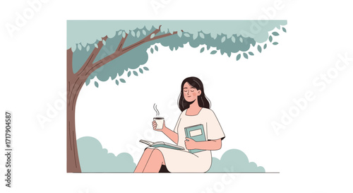 Serene Woman Enjoying Coffee And Book Under Shady Tree On A Peaceful Day