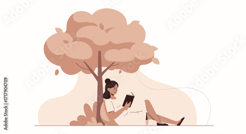Serene Woman Reading Book Under Tree Amid Gentle, Artistic Illustration