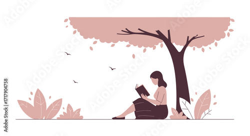 Serene Woman Reading Under Tree, Amidst Gentle Foliage and Soaring Birds