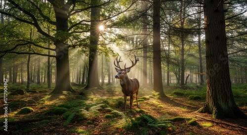 Stunning deer amidst sunlit woods, illuminated ethereal natural scene