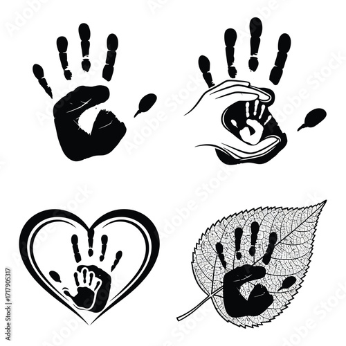 Diverse handprint graphics celebrating family love unity and nature with detailed textures silhouette