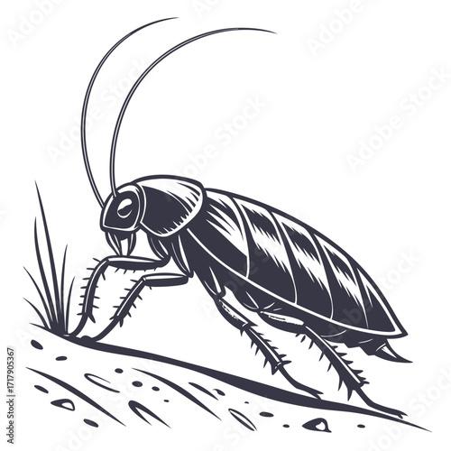 Cockroach silhouette vector illustration, crawling insect pose, antennae extended forward