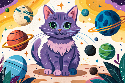 illustration purple cat floating among planets and stars, a decorative mystical vector artwork blending celestial art, cosmic fantasy, and creative space theme design.