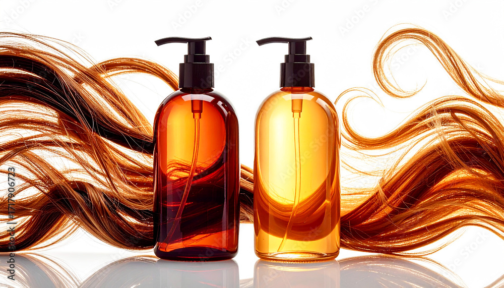 Naklejka premium Close-up of shampoo and conditioner bottles with silky brown hair strands and glossy reflection, representing beauty, haircare, cosmetics, and healthy lifestyle concept