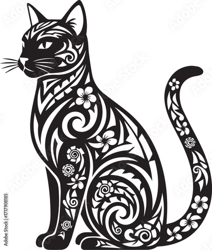 A stunning black and white illustration of a majestic cat adorned with intricate floral and swirling patterns, rendered in a stylized, artistic, and graphic design