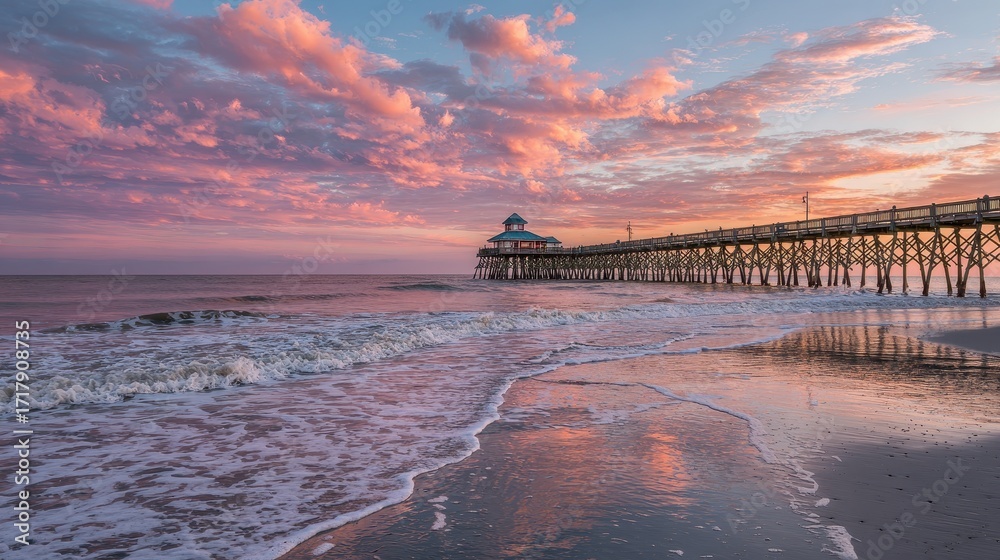 Naklejka premium Charleston Beach Sunrise: Folly Beach Pier on Atlantic Ocean Coast