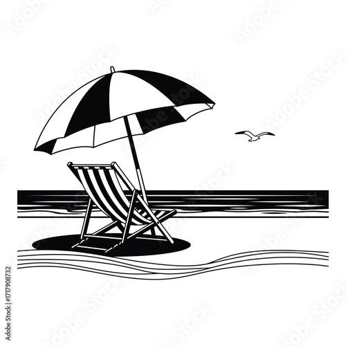 Relaxing beach scene with striped chair and umbrella by the ocean with a seagull flying silhouette