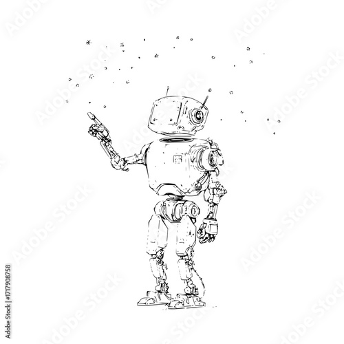 Robot sketch illustration of futuristic technology ai machine learning with stars and pointing finger art