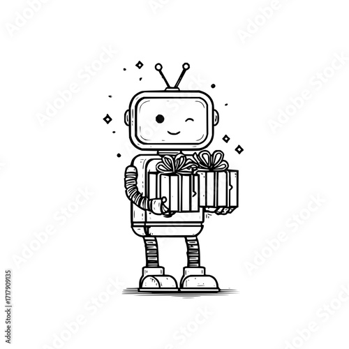 Cute robot holding gifts vector illustration ai technology robotics automation artificial intelligence design