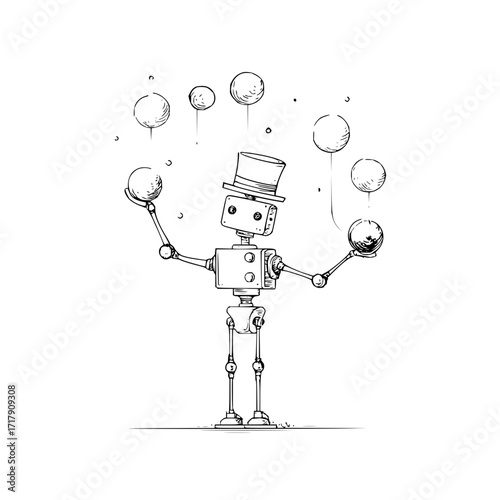 Robot juggling balls with top hat sketch illustration mechanical art drawing ai generated image design