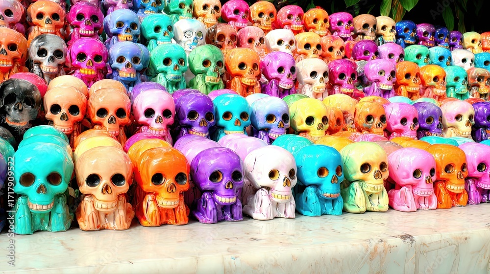 Fototapeta premium Vibrant Market Showcases Colorful Decorated Skulls for Day of the Dead Traditions