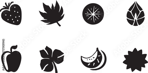 Diverse Nature and Food Silhouette Icons Set