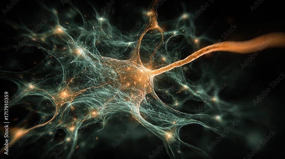 Fototapeta premium Abstract glowing neural network with a disrupted pathway, representing cognitive imperfections.