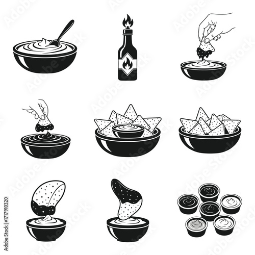 Dipping food variety mexican appetizer snacks sauces salsa guacamole chips bowl food silhouette