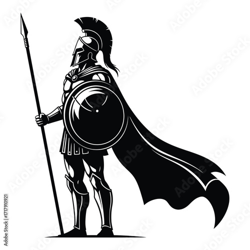 Silhouette of a warrior gladiator with spear and shield majestic pose silhouette