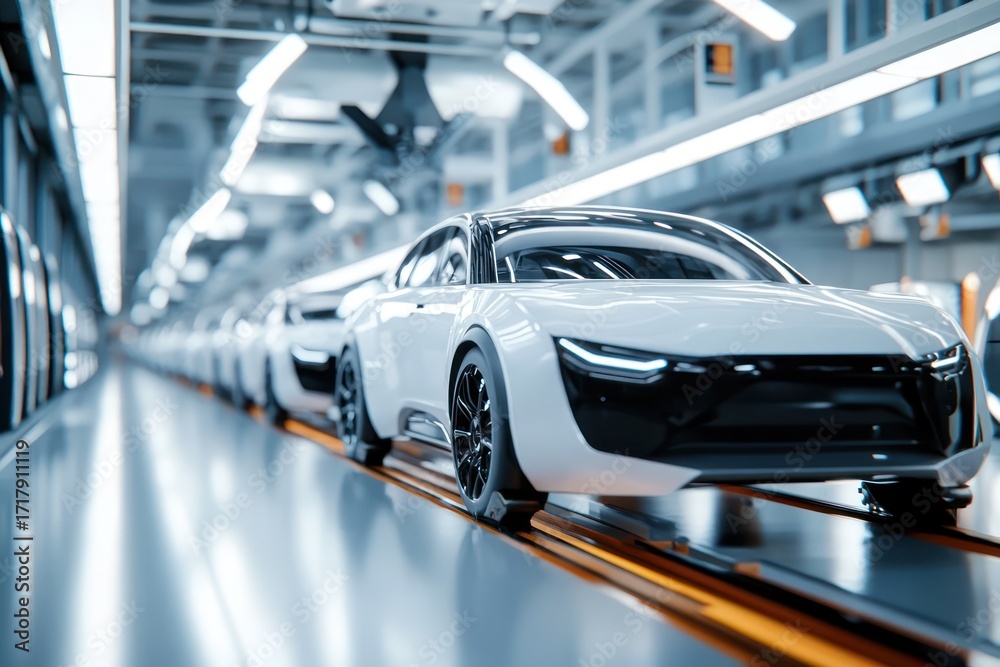Obraz premium Cars on assembly line in automotive factory