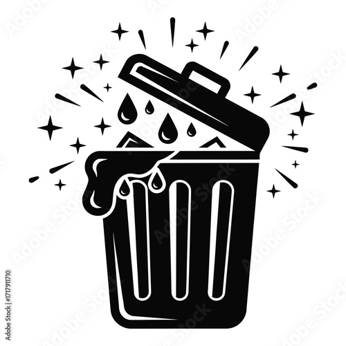 Sparkling clean trash can icon with overflowing liquid representing freshness silhouette