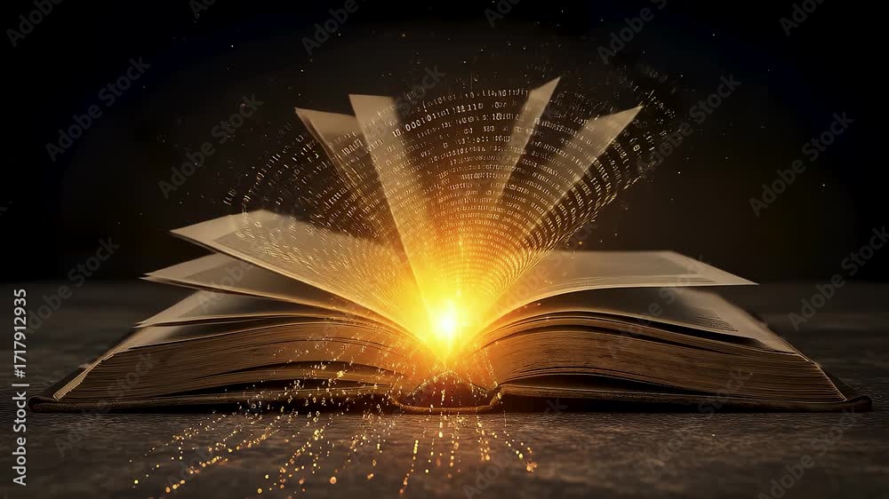 An open book with glowing light and streams of binary code flying from ...