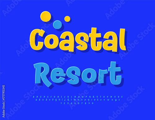 Vector Holiday flyer Coastal Resort. Blue Sticker Font. Funky Artistic Alphabet Letters and Numbers set.	