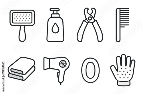 Pet grooming tools set: brush, shampoo, clippers, comb, towel, dryer, soap, glove icons