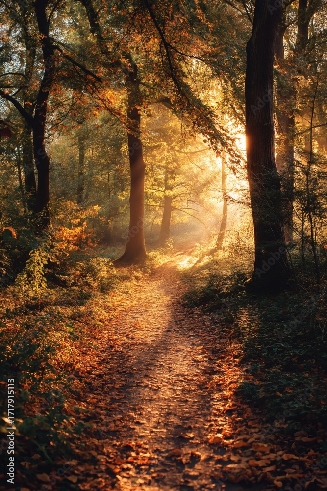 Fototapeta premium Sunlit Path Through Autumn Woods: Nature's Golden Hour Beckons Hikers.