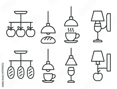 Minimalist icons of kitchen items and lighting fixtures on brown background