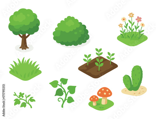 Lush cartoon garden with trees, flowers, plants, and mushrooms in a green outdoor scene