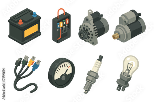 Car parts illustration: battery, alternator, starter, cables, gauge, spark plug, bulb