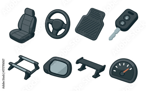 Car accessories: seat, steering wheel, mat, key, rack, mirror, spoiler, speedometer