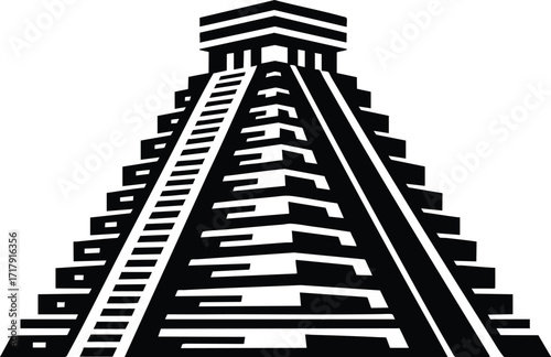 Black silhouette illustration of a Mayan pyramid with steps isolated on a white background