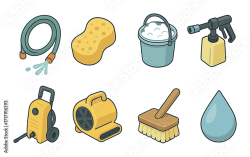 Car wash equipment icons: hose, sponge, bucket, foam gun, pressure washer, fan, brush, water drop