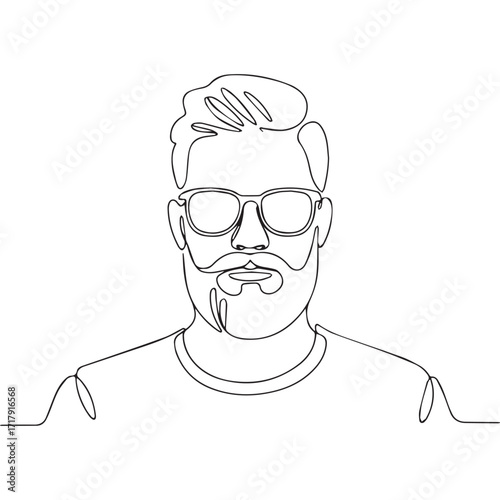 Continuous Simple black line art drawing of a boy sunglasses in a minimalist style on a white background.