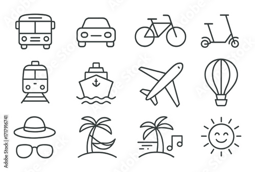 Simple line art icons of transportation modes and travel elements