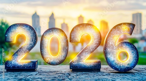 Futuristic 2026 numbers floating above city photographed using full frame camera, 50mm lens, close focus on glowing edges with blurred skyline