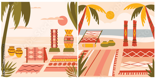 Serene beachside scene featuring traditional tribal crafts and gentle waves Vector art design