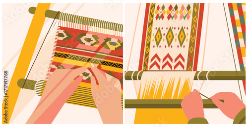 Traditional loom weaving showcasing intricate patterns and vibrant handcrafted textiles Vector art design