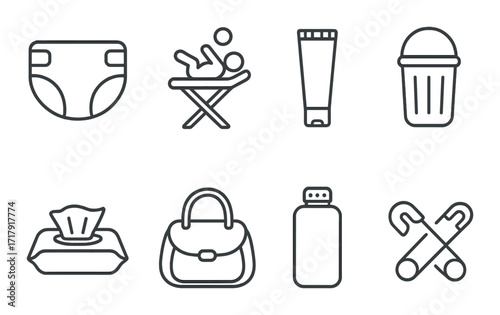 Baby care essentials icons: diaper, changing table, cream, bin, wipes, bag, bottle, pins