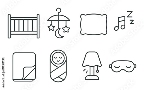 Monochrome baby sleep icons: crib, mobile, pillow, blanket, swaddle, lamp, mask