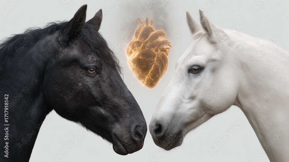Fototapeta premium Black and White Horses Facing Each Other with Fiery Heart